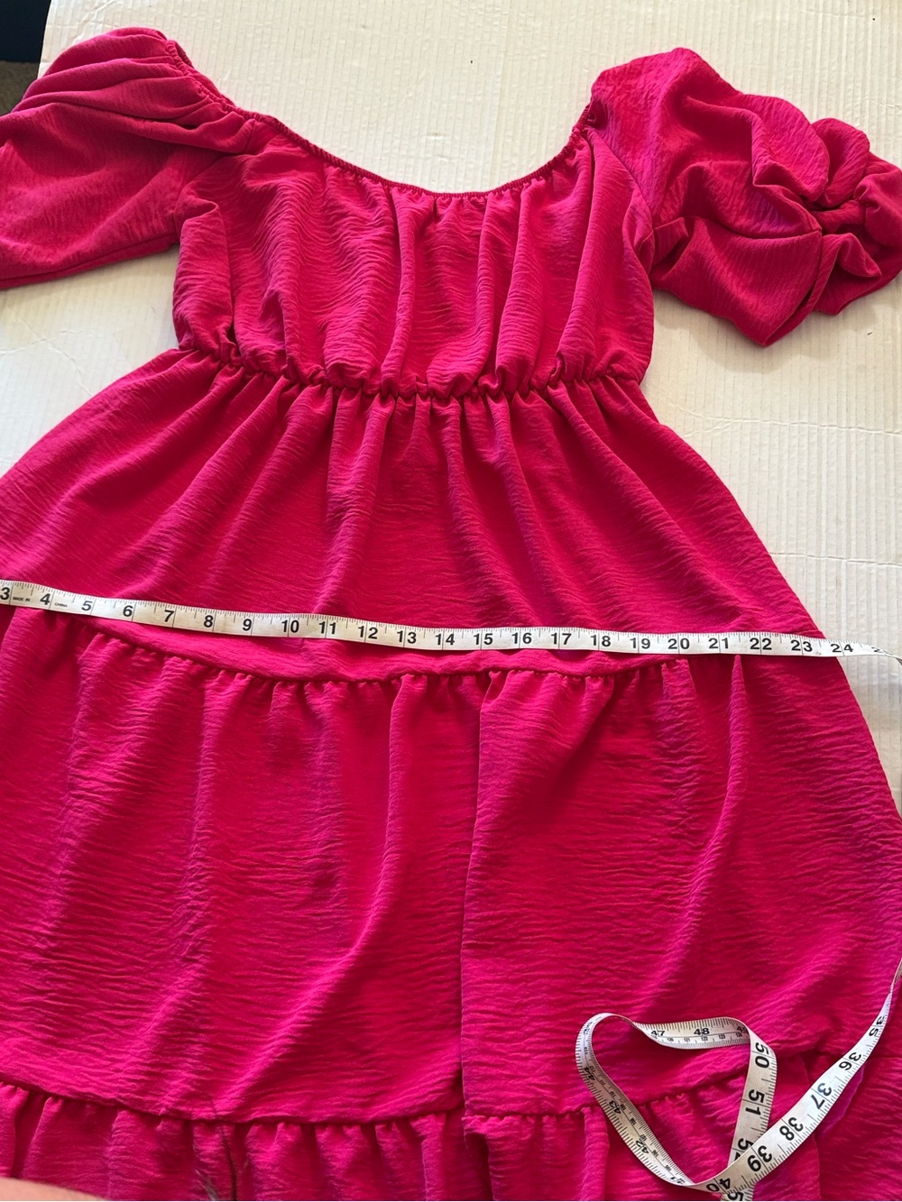 See You Monday Hot Pink Tiered Midi Dress Size L Puff Sleeve Romantic Cottage - Picture 10 of 12
